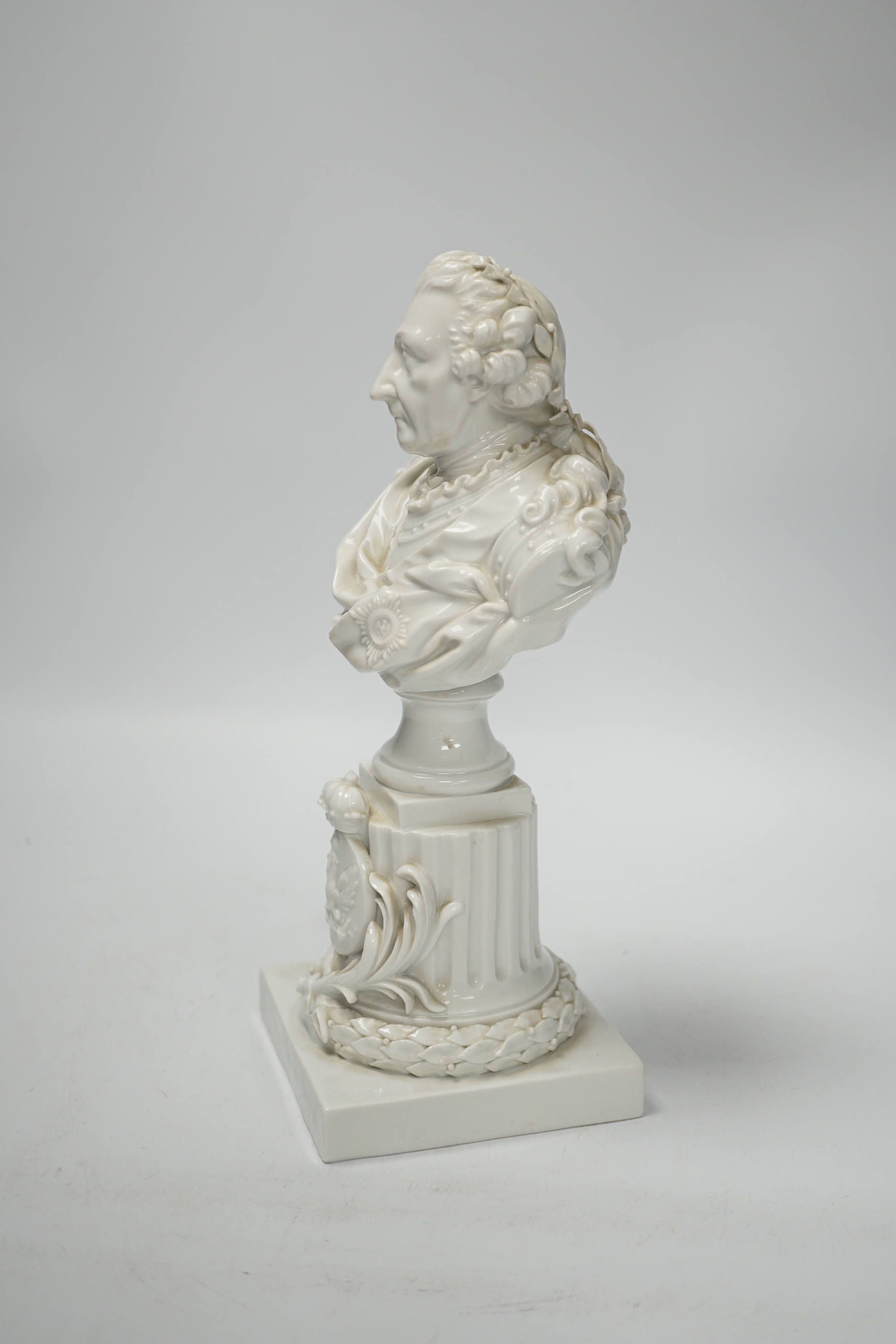 An early 20th century Meissen ‘Weiss’ (white glazed) porcelain bust of Frederick the Great of Prussia, 25.5cm high